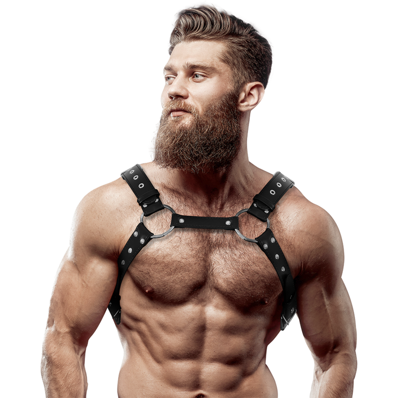 FETISH SUBMISSIVE ATTITUDE - ARNÊS DE PEITORAL DE COURO ECOLÓGICO MASCULINO COM TACHAS