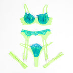 SUBBLIME - 955328 CONJUNTO DE SUTIÃ COM RENDA E LINHAS DE LIGA VERDE E AZUL L/XL