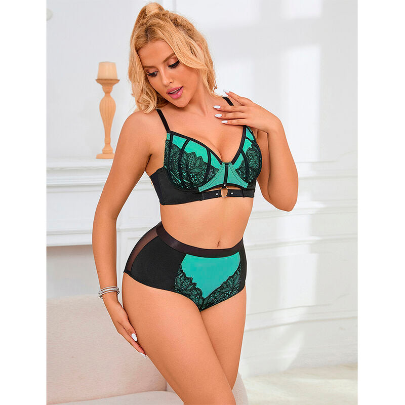 SUBBLIME - 955557 CONJUNTO DE SUTIÃ DE COURO VERDE COM ZÍPER DE MALHA S/M