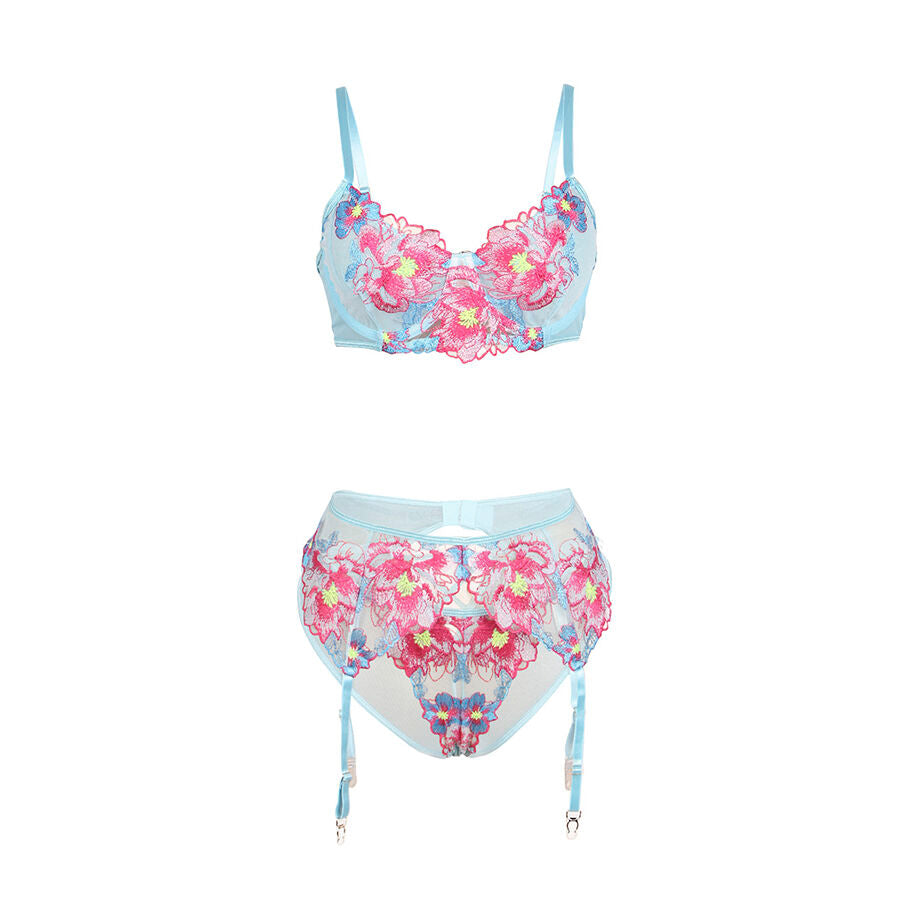 SUBBLIME - 957643 CONJUNTO DE SUTIÃ E CINTO-LIGA BORDADO COM FLORES ROSA S/M