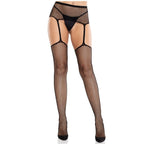 LEG AVENUE - MEIAS DE RENDA COM CRUZ E CINTO-LIGA PRETO