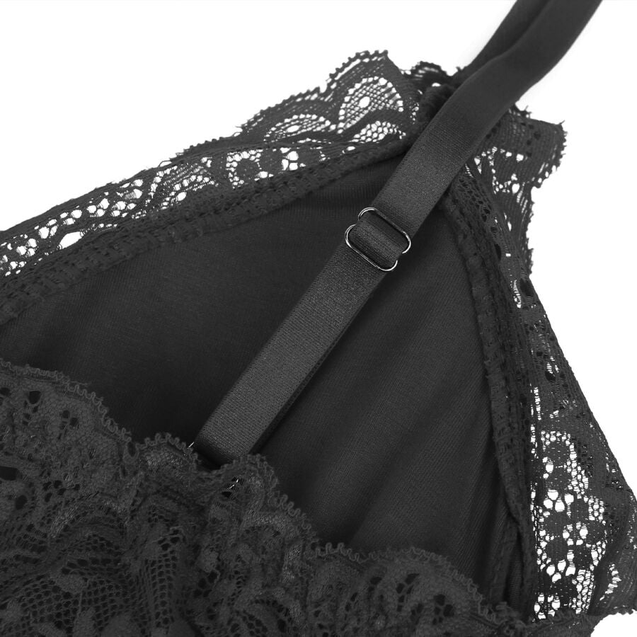SUBBLIME - TEDDY PRETO FLORAL DETALHE DE RENDA S/M