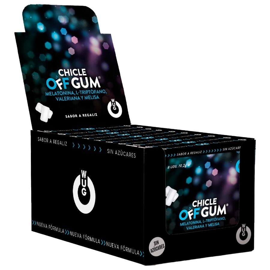 WUG GUM - OFF COM VALERIANA, TRIPTOFANO, ERVA-CLIMÁTICA E MELATONINA | EXPOSITOR 12 X 8 UNIDADES