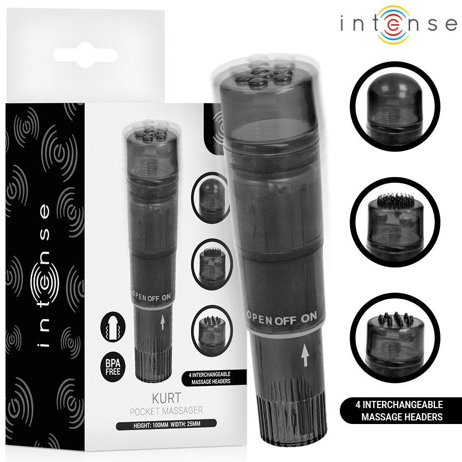 INTENSE - MINI MASSAGEADOR KURT COM 4 CABEÇAS INTERCAMBIÁVEIS PRETO
